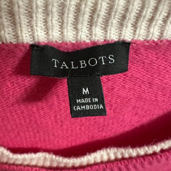 Talbots Cotton Wool Blend Sweater Sz M Pink White Striped Pullover Barbiecore - Picture 5 of 7
